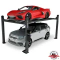 Red Corvette and silver SUV parked on a Direct Lift PP9 four post auto lift, ALI certified for residential or commercial garage use