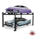 Two classic cars, a purple vintage car on top and a blue vintage car below, on a Direct Lift four-post lift, showcasing the lift's ability to hold antique vehicles securely. 4 post lift