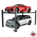 Forward Lift EFP9 4 post automotive lift with red Corvette parked above a silver SUV, ALI certified for residential and commercial use