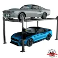 Classic silver Mustang above a modern blue Mustang on a Forward Lift EFP8 4 post auto lift, ALI certified