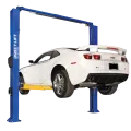white Camaro on a direct lift two post car lift
