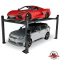 Red Corvette and silver SUV parked on a Direct Lift PP9 four post auto lift, ALI certified for residential or commercial garage use