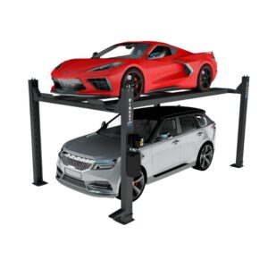 Two cars, a red sports car and a silver SUV, stacked on a four-post car lift in a garage setting, demonstrating the vehicle lifting capacity and design of the Direct Lift system