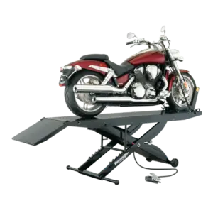 Forward Lift 1000MCLDT Portable Motorcycle Lift with motorcycle securely positioned for maintenance
