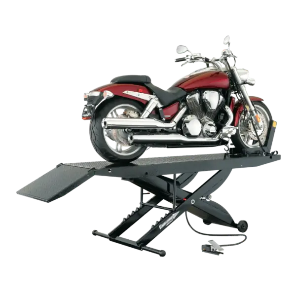 Forward Lift 1000MCLDT Portable Motorcycle Lift with motorcycle securely positioned for maintenance