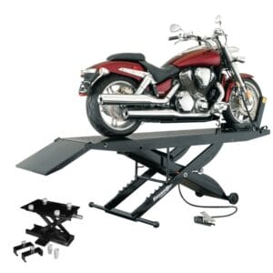 Maroon cruiser motorcycle on Forward Lift 1000MCLDT lift with ramp and optional accessories shown
