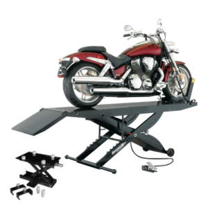 Maroon cruiser motorcycle on Forward Lift 1000MCLDT motorcycle lift table with ramp and optional accessories shown