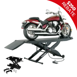 Maroon cruiser motorcycle on Forward Lift 1000MCLDT lift with ramp and optional accessories shown