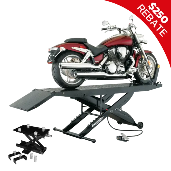Maroon cruiser motorcycle on Forward Lift 1000MCLDT lift with ramp and optional accessories shown