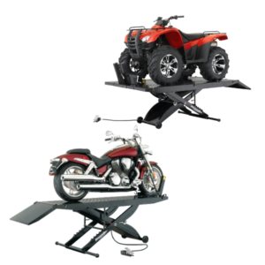 Red ATV and maroon cruiser atv lift table displayed on Forward Lift 1000MCL scissor lifts with diamond plate platforms