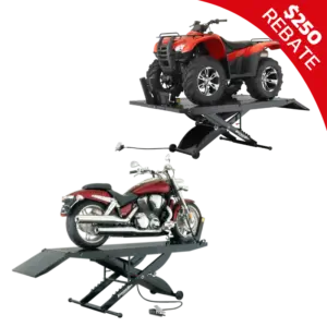 Red ATV and maroon cruiser motorcycle displayed on Forward Lift 1000MCL scissor lifts with diamond plate platforms