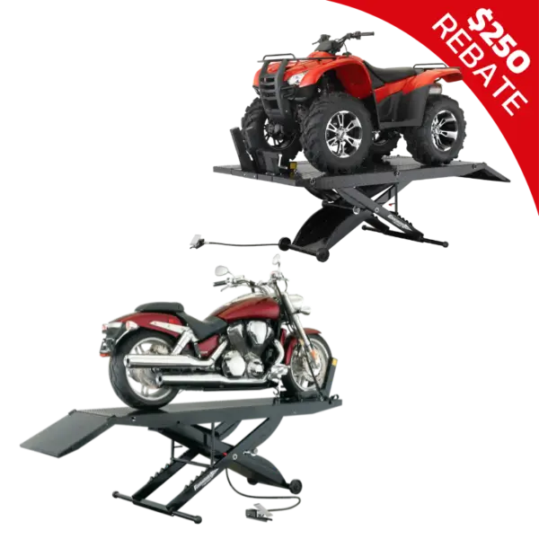 Red ATV and maroon cruiser motorcycle displayed on Forward Lift 1000MCL scissor lifts with diamond plate platforms