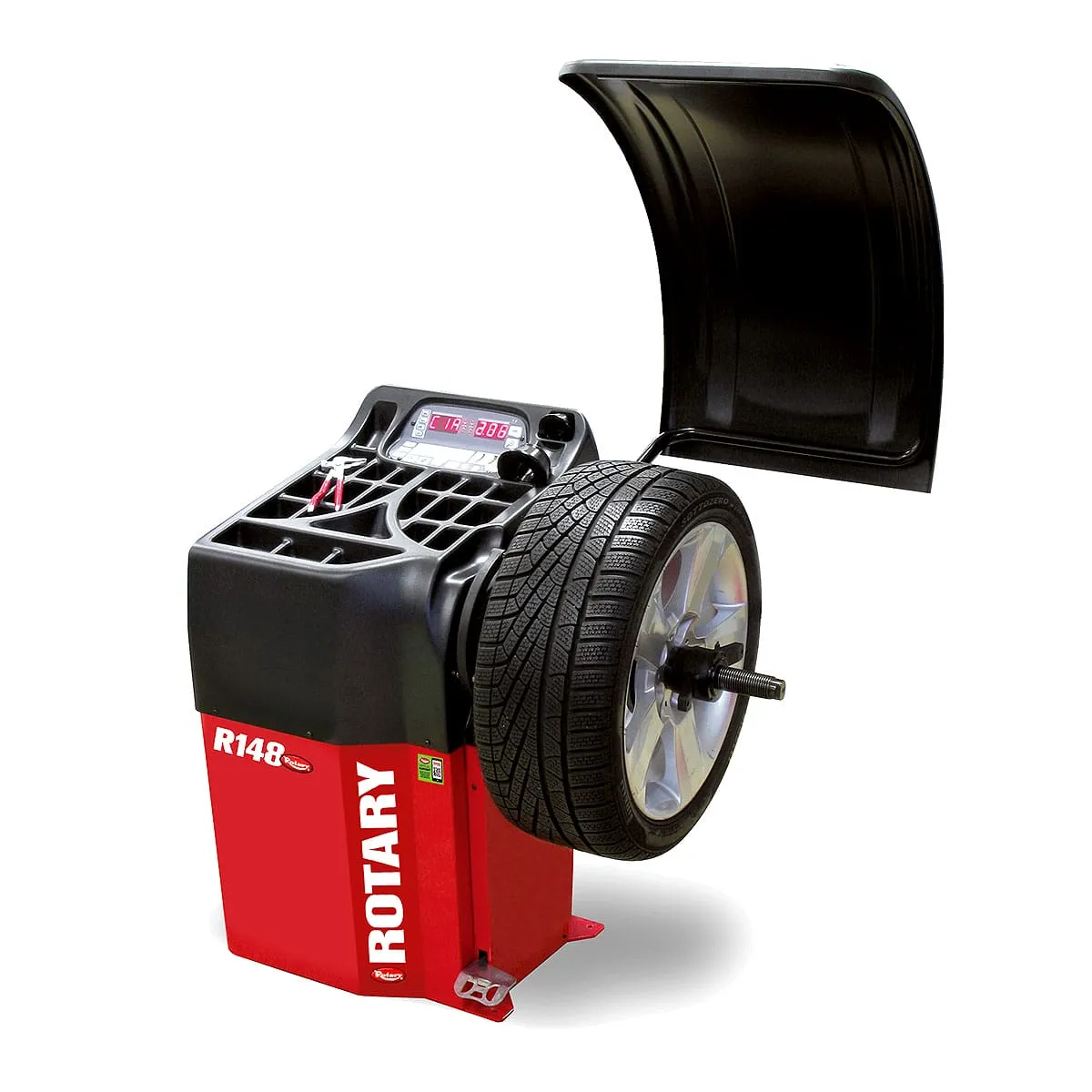 Rotary tire and Wheel Balancer R148 Pro Shop 2D with cover open, ready for use