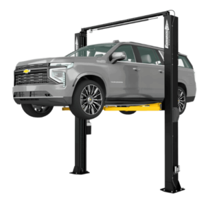 Forward Lift F12 two post automotive lift with black frame and yellow arms, ALI certified