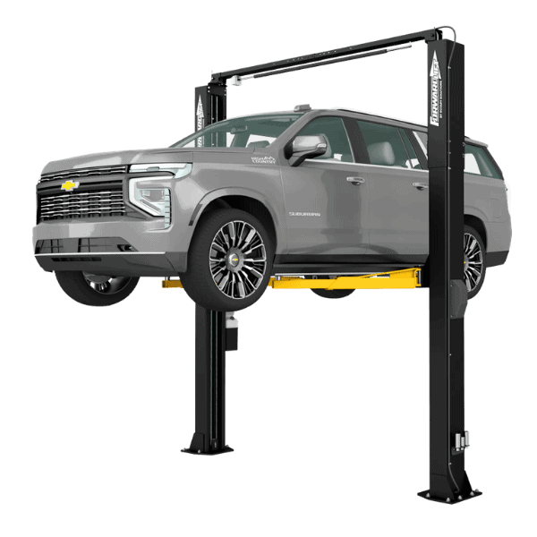 Forward Lift® F12 | Symmetrical Two Post Lift Forward Lift F12 two post automotive lift with black frame and yellow arms, ALI certified