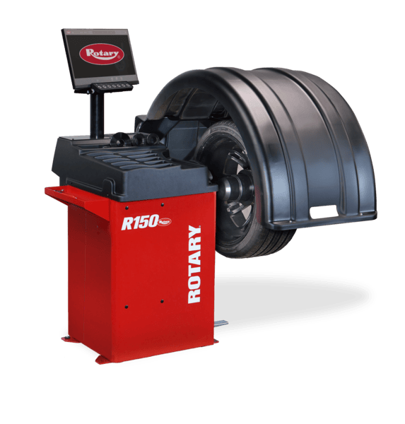 Rotary® R150 | Wheel Balancer with 2D Automatic Technology Rotary R150 tire balancer machine with hood down for passenger wheel balancing