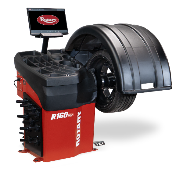 Rotary® R160 | Wheel Balancer with 3D Automatic Technology Rotary R160 wheel balancer machine with hood down and mounted tire