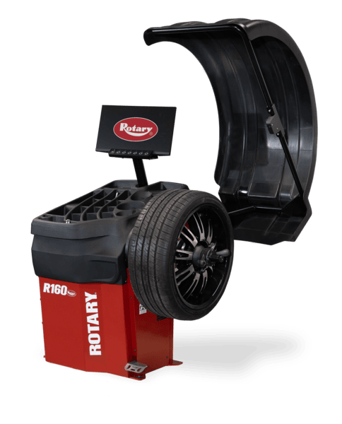 Rotary® R160 | Wheel Balancer with 3D Automatic Technology Rotary R160 wheel balancer machine with hood up for passenger wheel balancing