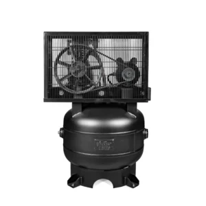 SEUSA CI51E31V vertical air compressor rear view with belt guard and tank