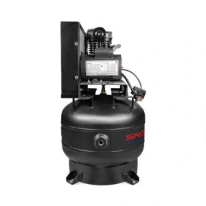 SEUSA CI51E31V shop air compressor motor-side view on 30-gallon vertical tank