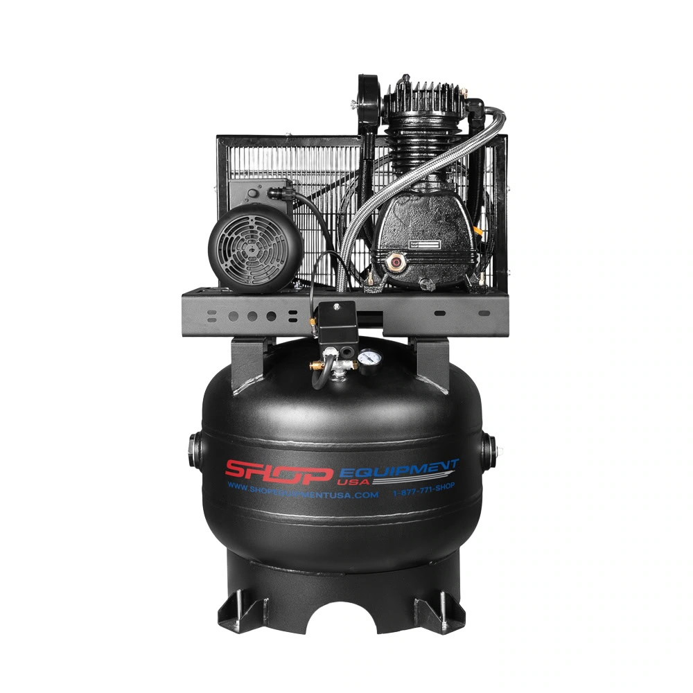 5 HP 30-Gallon Vertical Air Compressor | Two Stage | 16 CFM @ 175 PSI SEUSA-CI51E33V shop air compressor front view with Shop Equipment USA tank