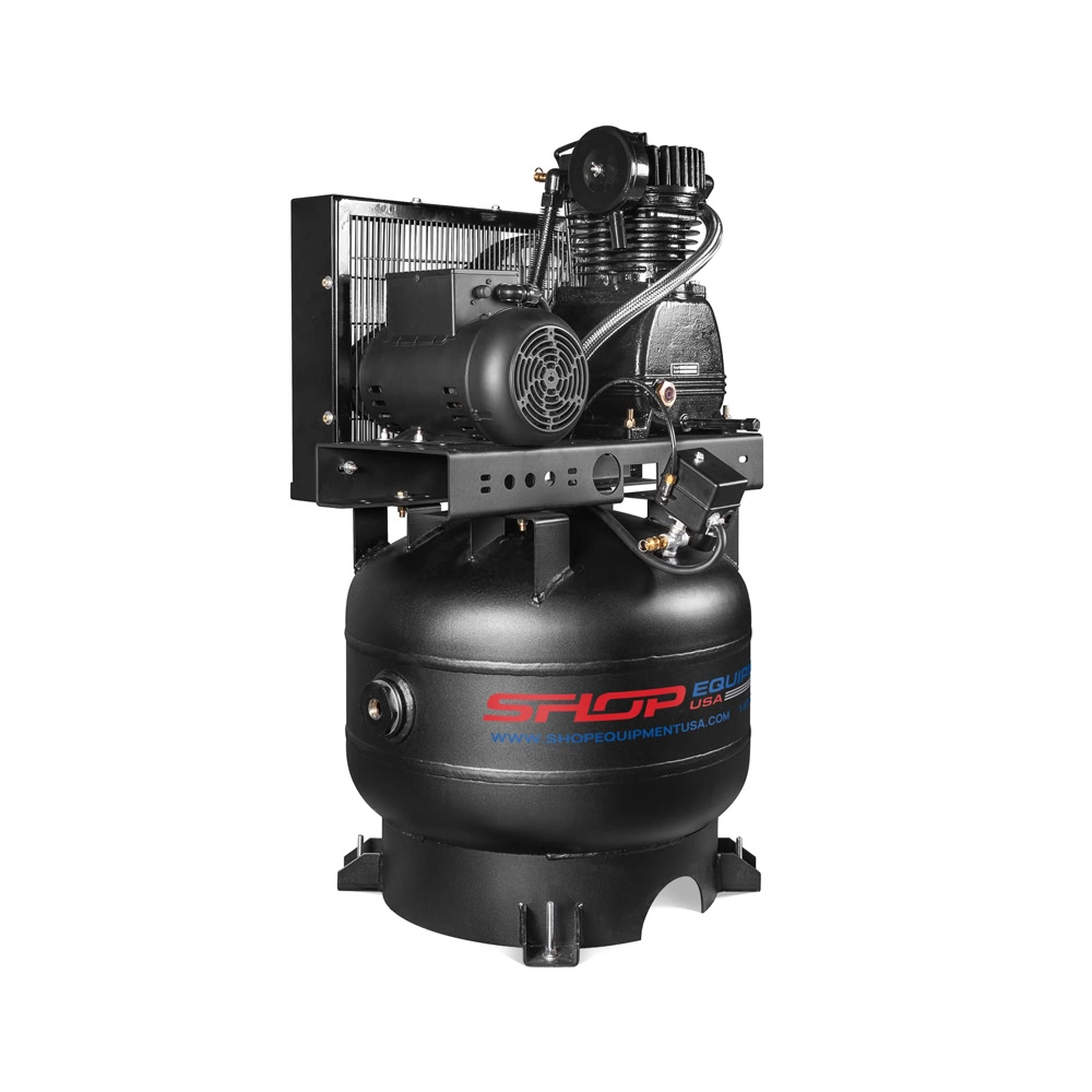 5 HP 30-Gallon Vertical Air Compressor | Two Stage | 16 CFM @ 175 PSI SEUSA-CI51E33V vertical air compressor side view with motor and pump