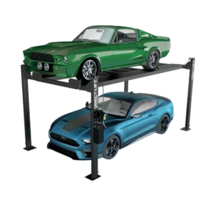 Direct Lift PP8PL Pro Park 8 PLUS LONG four post car lift storing a green muscle car above a blue sports car