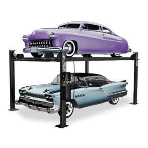 Direct Lift PP8S four post car lift storing a purple vintage car above a blue classic car