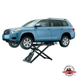 Blue Toyota Highlander raised on a Forward Lift 6000MRL mid-rise scissor lift, ALI certified