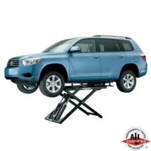 Blue Toyota Highlander raised on a Forward Lift 6000MRL mid-rise scissor lift portable car lift, ALI certified