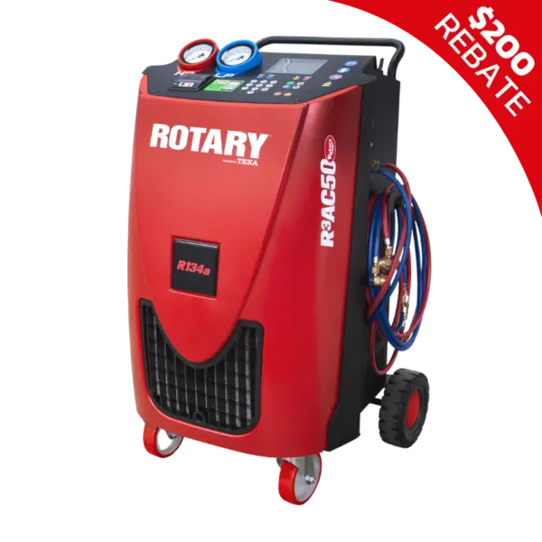 Rotary R3AC50 A/C recovery and recharge machine for R134a refrigerant with analog gauges and wheeled cart design