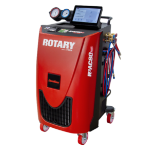 Rotary R3AC80 dual-gas ac machine recovery compatible with R134a and R1234yf, featuring touchscreen interface and multi-port manifold