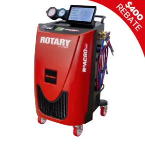 Rotary R3AC80 dual-gas A/C machine compatible with R134a and R1234yf, featuring touchscreen interface and multi-port manifold