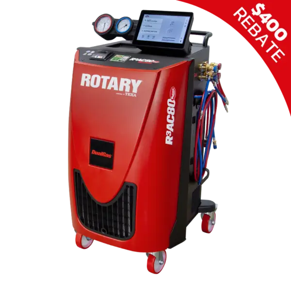 Rotary R3AC80 dual-gas A/C machine compatible with R134a and R1234yf, featuring touchscreen interface and multi-port manifold