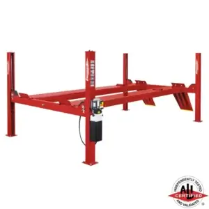 Forward Lift CR14 Four-Post General Service Lift in red, featuring a 14,000 lb. capacity, tall column design, multi-position locks, and ALI certification.