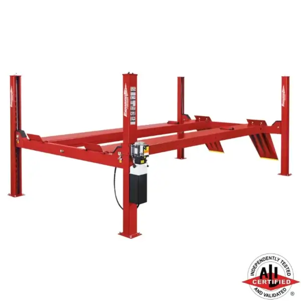 Forward Lift CR14 Four-Post General Service Lift in red, featuring a 14,000 lb. capacity, tall column design, multi-position locks, and ALI certification.