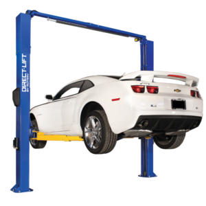 white Camaro on a direct lift two post car lift