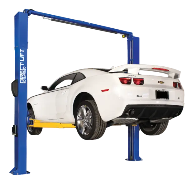 white Camaro on a direct lift two post car lift