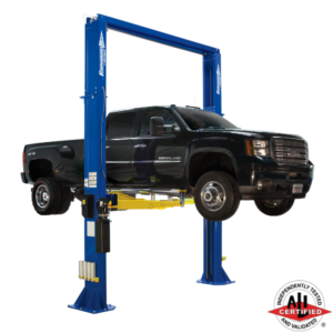 Heavy-duty GMC Denali HD truck raised on a Forward Lift DP15 2 post vehicle lift, ALI certified