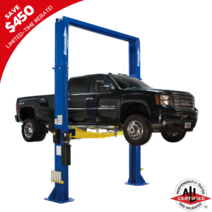 Forward Lift DP15 heavy-duty two-post lift holding a full-size truck, featuring ALI Gold Certification and a limited-time $450 rebate offer badge.