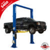 Forward Lift DP18 two-post vehicle lift raising a heavy-duty black pickup truck, showcasing its ALI Gold Certified performance and high lifting capacity.