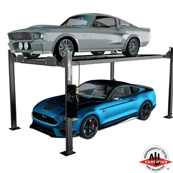 Classic silver Mustang above a modern blue Mustang on a Forward Lift EFP8 four-post lift, ALI certified