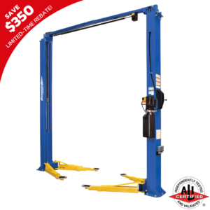 Forward Lift F10 ALI-certified two-post vehicle lift with yellow lifting arms, designed for symmetric and asymmetric lifting, featuring a $350 limited-time rebate.