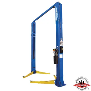 Rebates Forward Lift F12 two post automotive lift with blue frame and yellow arms, ALI certified