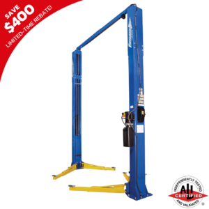 Forward Lift F12 two-post vehicle lift in blue and yellow, featuring ALI certification badge and a limited-time $400 rebate offer.