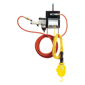 Forward Lift 2-Post Air/Electric Work Station FA5911 attached to a 2-post lift, showcasing air station with F/R/L, electric outlets, and tool storage. Forward Lift 4-Post Air/Electric Work Station FA915 with F/R/L system for air and electric utility on four-post lifts. Durable and efficient.