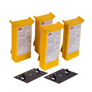 Rotary Extended Height Truck Adapters – 2 Stage Arms with 9 3/8-inch flip-up adapters and wall-mount rack installed on a two-post Rotary lift for high-clearance vehicle service.