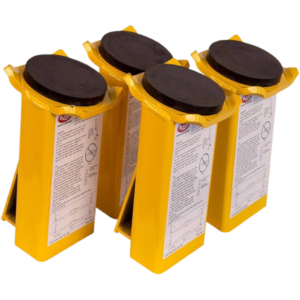 Rotary Extended Height Adapter Kit FJ6133BK showing four 9″ flip‑up adapters and mounted rack installed on a two‑post lift for servicing tall trucks and vans.