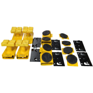 Rotary Mini-Van Adapter Kit FJ6137BK showing four height-adjustable flip-up adapters and rack mounted to a Rotary two-post lift for safe minivan service.