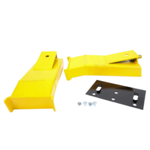 Rotary Extended Height Auxiliary Adapter Kit FJ6195YL installed on a two‑post lift, showing flip‑up 12 ⅜″ height extensions for high‑clearance truck service.